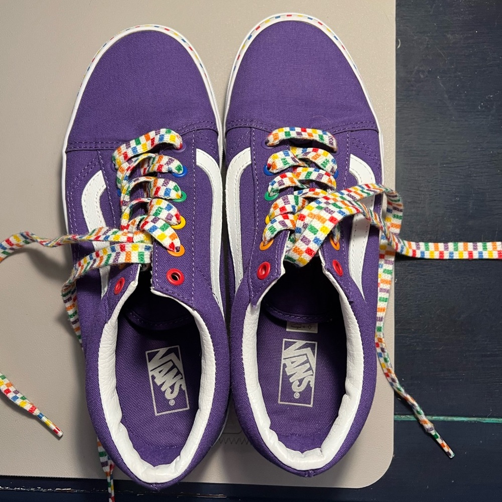 Vans purple sneakers with rainbow trim - like new!